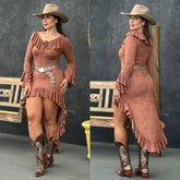 Vestido Midi Boho em Suede Marrom Com Babados