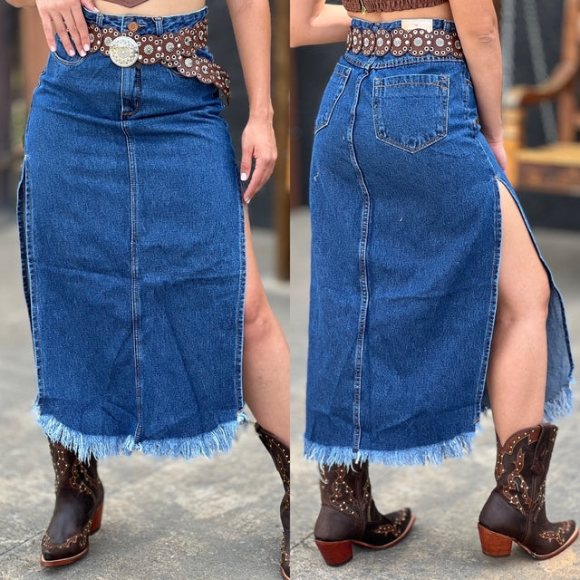 SAIA CONSCIÊNCIA JEANS LONGA COM ABERTURA LATERAL E BARRA DESFIADA