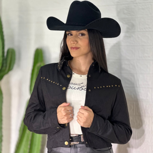 Jaqueta Cropped Unicorn em Suede Preto com Taxas