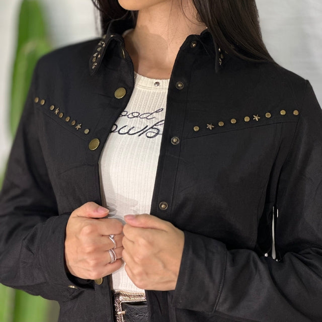 Jaqueta Cropped Unicorn em Suede Preto com Taxas