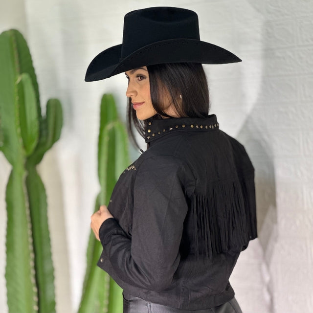 Jaqueta Cropped Unicorn em Suede Preto com Taxas