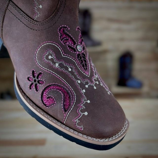BOTA TEXANA LASER TRIBAL GLITTER ROSA PINK COM STRASS COURO MARROM