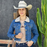 Jaqueta Jeans Uni Feminina Cropped Com Gola de Pelinho