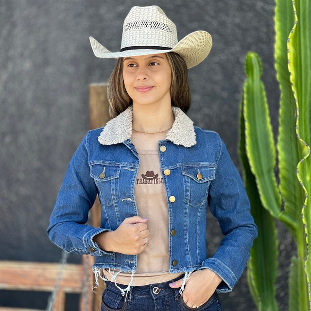 Jaqueta Jeans Uni Feminina Cropped Com Gola de Pelinho