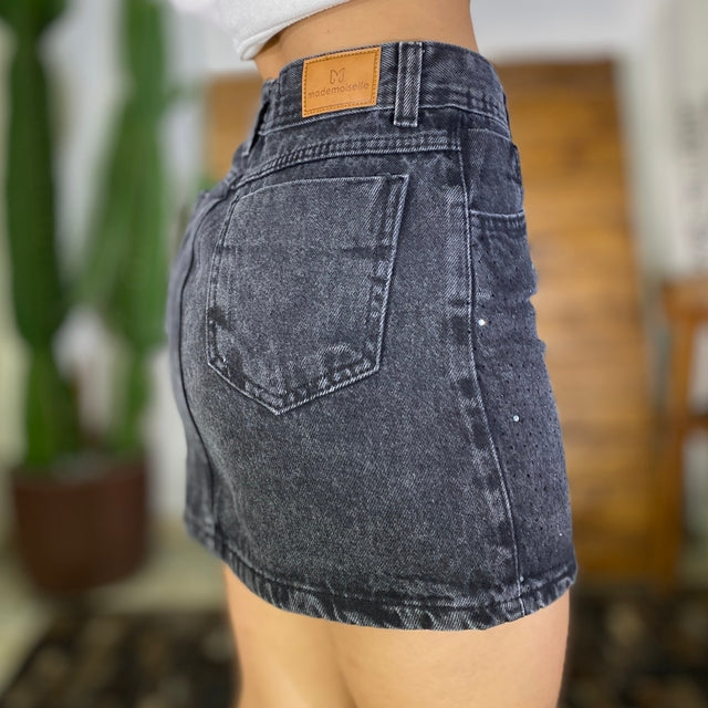 Saia Jeans Preta Brilho Mademoiselle