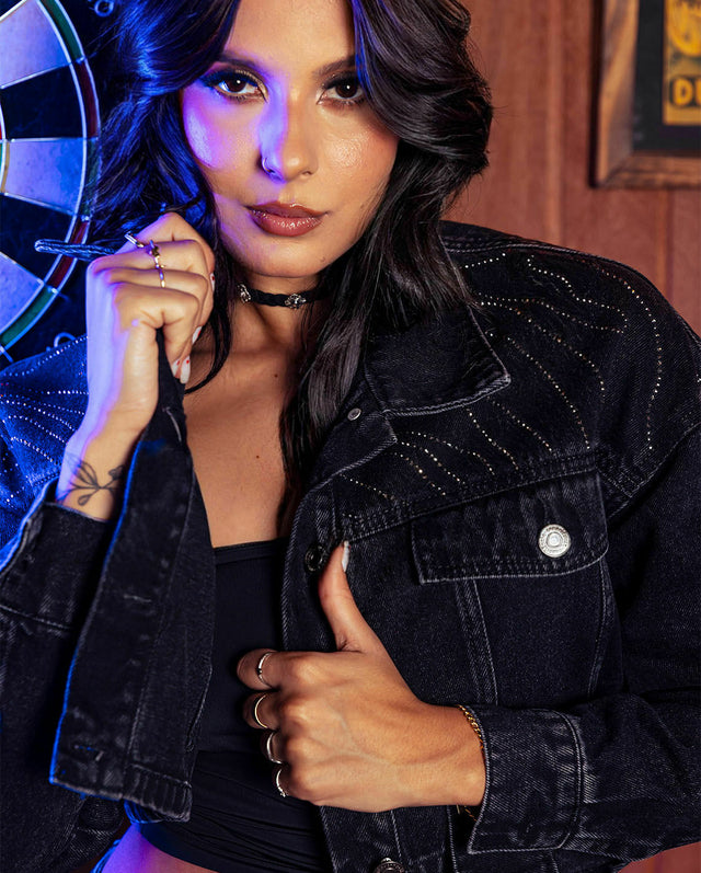 Jaqueta Consciência Jeans Cropped Feminina com Aplicação de Strass Vintage