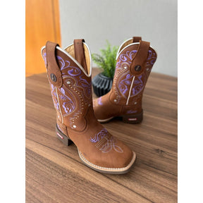BOTA TEXANA - COURO MUSTANG BORDADO FLORÊNCIA ROXO