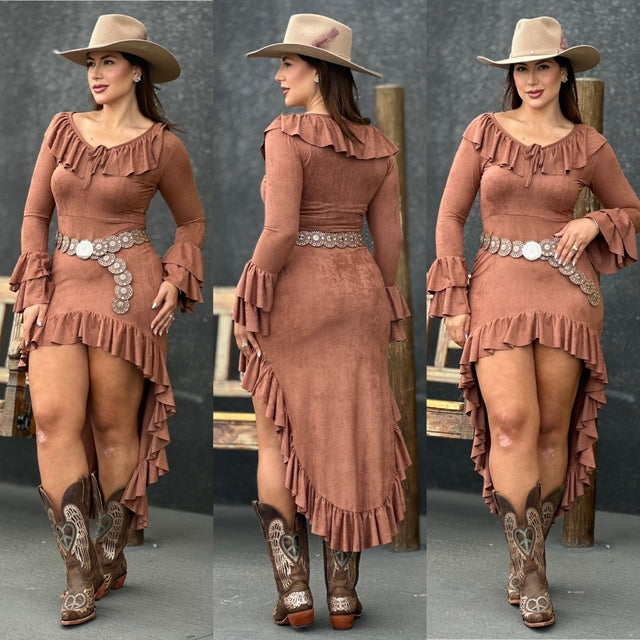 Vestido Midi Boho em Suede Marrom Com Babados