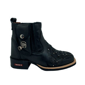 BotinaCanivete Luiza
                                    - Couro Látego Preto | Glitter Preto | Bordado Preto