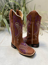 BOTA TEXANA TRIBAL ROXO E BRANCO COURO MARROM
