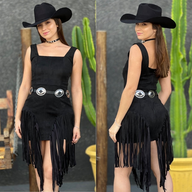 Vestido Indiana em Suede com Franjas - Preto