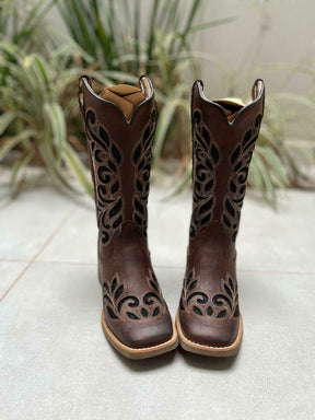 BOTA TEXANA LASER RAMOS GLITTER PRETO COURO MARROM