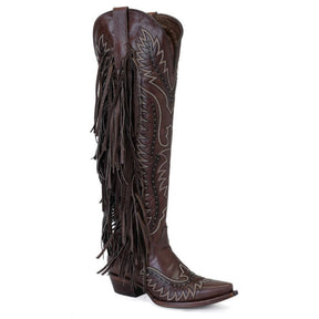 Bota Cano Longo Western Franja Marrom
