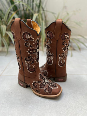 BOTA TEXANA LASER CRUZ BRIDÃO GLITTER MARROM COM METAIS COURO MARROM