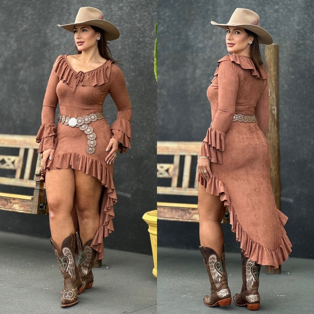 Vestido Midi Boho em Suede Marrom Com Babados