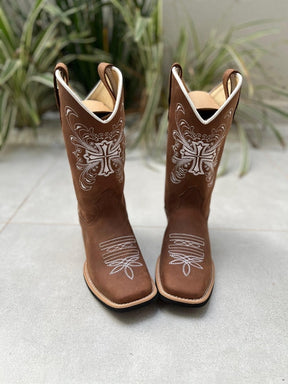 BOTA TEXANA BORDADO CRUZ BRANCA COURO MARROM