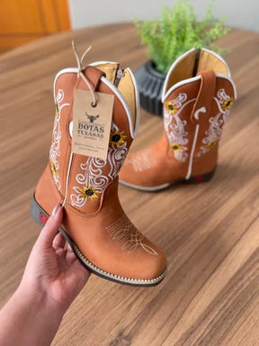 Texana Melinda Infantil - Couro Horse Telha/Bordado Girassol