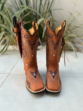 KIT TEXANA TRIBAL AZUL COURO HORSE TELHA COM TRICÊ E TIRINHAS + BAINHA + FACA