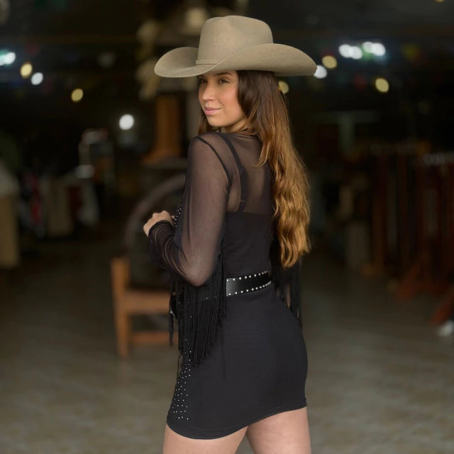 VESTIDO FRONTEIRA TULE SOBREPOSTO COM STRASS E FRANJA - PRETO