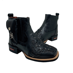 BotinaCanivete Luiza
                                    - Couro Látego Preto | Glitter Preto | Bordado Preto
