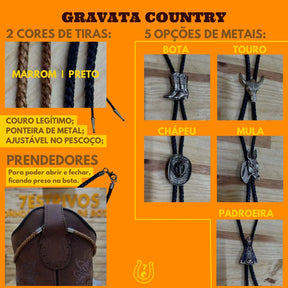 GRAVATA COUNTRY - CORDÃO MARROM PINGENTE CHAPÉU