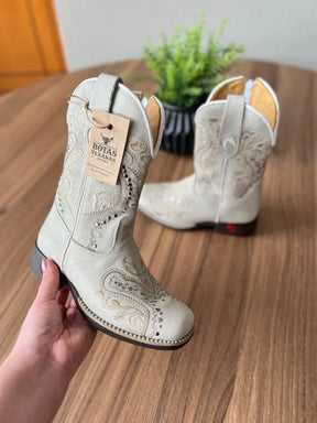 Texana Alice Infantil - Couro Off-White/Bordado Tribal Bege