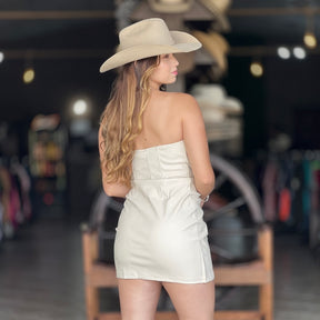 VESTIDO CONSCIÊNCIA JEANS SEM ALÇA EM COURO PU BEGE