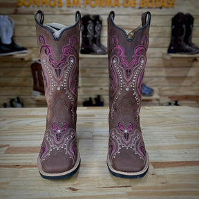 BOTA TEXANA LASER TRIBAL GLITTER ROSA PINK COM STRASS COURO MARROM