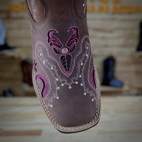 BOTA TEXANA LASER TRIBAL GLITTER ROSA PINK COM STRASS COURO MARROM