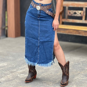 SAIA CONSCIÊNCIA JEANS LONGA COM ABERTURA LATERAL E BARRA DESFIADA