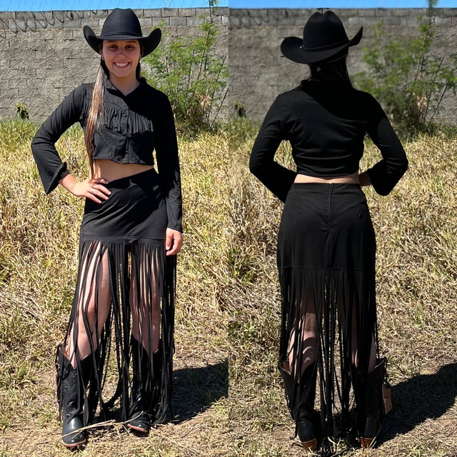 Conjunto Western Luiza em Suede Com Franjas Preto