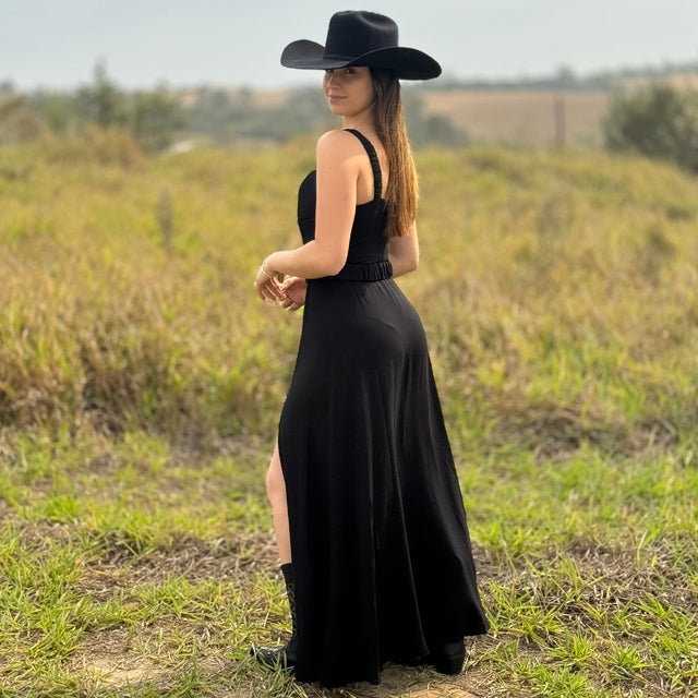 VESTIDO LONGO BUPHALLOS DEM PRETO DOURADO