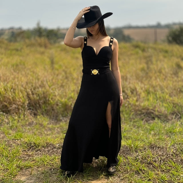 VESTIDO LONGO BUPHALLOS DEM PRETO DOURADO
